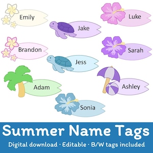 Editable Summer Themed Name Tags, Cute Printable Name Plates for Bulletin Boards, Desks and Lockers
