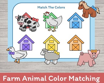 Farm Animal Color Matching Printable | Preschool Learning Cut and Paste Worksheet