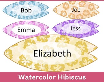 Watercolor Hibiscus Surfboard Name Tags: Editable Tropical Classroom Decor