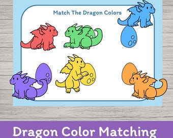 Dragon Color Matching Printable | Preschool Learning Cut and Paste Worksheet