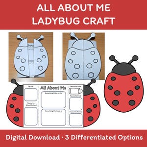 Op de afbeelding: Een digitale download voor een All About Me lieveheersbeestje knutselproject met drie gedifferentieerde opties. Het ontwerp bevat een papieren sjabloon in de vorm van een lieveheersbeestje met lege velden voor persoonlijke informatie zoals leeftijd, favoriete kleur, eten, dier en schoolvak.