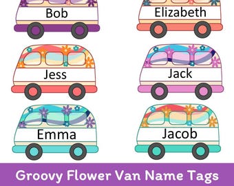 Groovy Flower Van Name Tags | Editable Retro Classroom Decor | Boho Rainbow Printable Labels