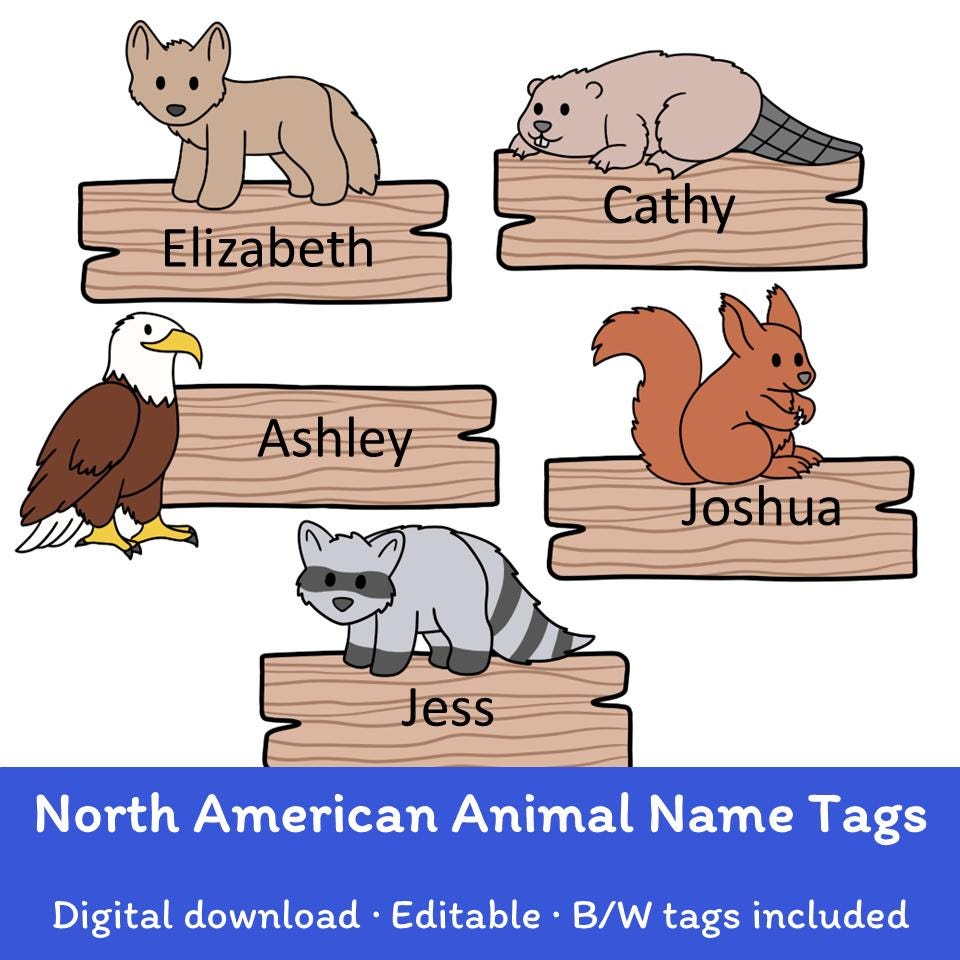 Editable North American Animal Name Tags,  Cute Printable Name Plates for Bulletin Boards, Desks and Lockers
