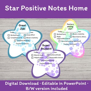 Op de afbeelding: Drie stervormige notitiekaarten met de titel Star Positive Notes Home. De kaarten bevatten tekstvelden voor namen en selectievakjes voor positief gedrag zoals Worked hard, Great effort en Shown creativity. De ontwerpen hebben blauwe, paarse en regenboogkleurige randen.