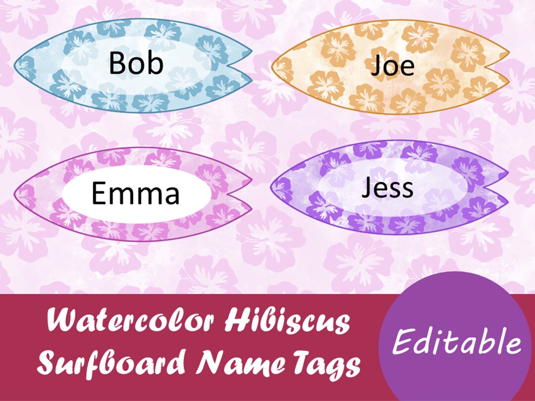 Editable Watercolor Hibiscus Surfboard Name Tags Etsy