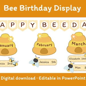 May include: A digital "Bee Birthday Display" with a banner reading "HAPPY BEEDAY." The design features three cartoon beehives, each representing a month, with names and dates. Includes bees and the text "Digital download • Editable in PowerPoint."