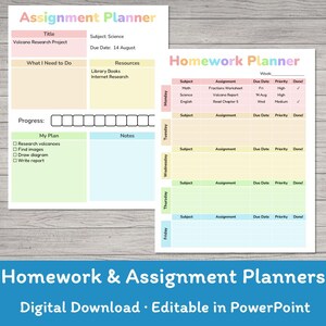 Puede incluir: Dos hojas de planificación imprimibles con secciones en colores pastel. El Assignment Planner incluye campos para título, materia, fecha de entrega, tareas y recursos. El Homework Planner enumera materias, tareas, fechas de entrega y prioridades.