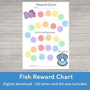 Może przedstawiać: Wydrukowany wykres nagród z motywem ryby, z fioletową ilustracją ryby i kolorowymi przestrzeniami w kształcie bąbelków do śledzenia postępów. Wykres zawiera frazy "You're making waves" i "You did it!" i jest do pobrania cyfrowego.