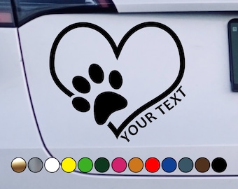 Pets I love Puppy Dog Cat Heart Paw with Personalized Text - Perfect Cut Color Vinyl Decal Sticker - Multiple sizes and colors available!