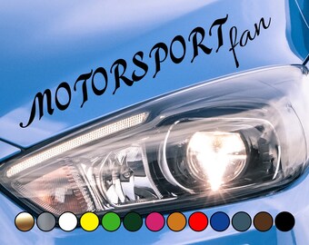 May include: A blue car with a black vinyl decal that reads "MOTORSPORT fan" on the bonnet. The car has a headlight on the left side of the image.