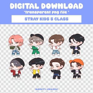 May include: Digital download featuring eight cartoon illustrations of Stray Kids members. Each character is depicted in a unique outfit, with varying hair colors and accessories. The text "STRAY KIDS S CLASS" is displayed above the characters.