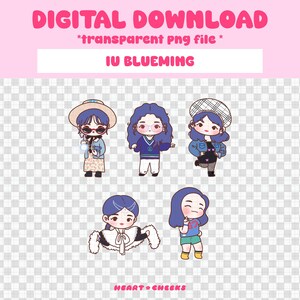 Può includere: Grafica digitale scaricabile con cinque illustrazioni di cartoni animati di una persona con i capelli blu in vari outfit. Il testo "DIGITAL DOWNLOAD" e "IU BLUEMING" sono visualizzati in rosa e bianco. La parte inferiore dell'immagine recita "HEART + CHEEKS".
