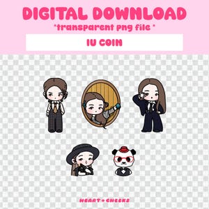 Puede incluir: Gráfico de descarga digital con cinco ilustraciones de dibujos animados de una persona en diferentes atuendos y poses. El texto "IU COIN" está en un rectángulo blanco, con "DIGITAL DOWNLOAD" y "*transparent PNG file*" encima. Las palabras "HEART + CHEEKS" están en la parte inferior.