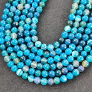 Dyed Blue Stripe Banded Agate Beads, 6mm 8mm 10mm Size, Round Loose Beads, Banded Agate Gemstone, 14-15 Inch Strand Beads.