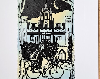 Handmade linocut "Night Ride by St John's - Edition variable" print, cycling Cambridge college with dog limited edition lino Meliprints (A4)