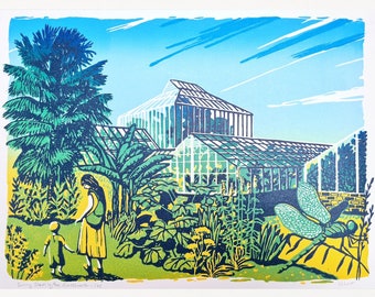 Handgemaakte linosnede "Sunny Stroll by the Glasshouse" originele print, botanische tuin Cambridge, kas, limited edition linoprint Meliprints