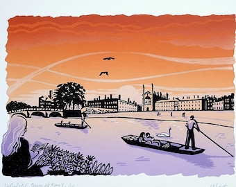 Handmade linocut "Delightful Dawn at King's" original print, punting in Cambridge, King's College, limited edition linoprint Meliprints (A4)