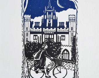 Handmade linocut "Night Ride by St John's" print, cycling near Cambridge college with dog, limited art edition lino Meliprints (A4)