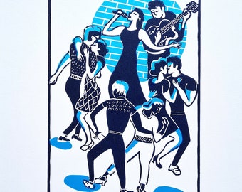 Handmade linocut "Blues O'Clock, daytime" print, limited art edition, Blues dancers, jazz music lino print Meliprints (A4)