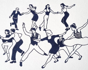 Handmade linocut ‘Swing swing swing blue’ monochrome print, group dancers lindy hop swing dance, swing out, limited edition Meliprints (A4)