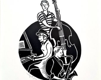 Handmade linocut "Lullaby of Jazz" print, limited art edition lino, jazz musicians, swing music, lindyhop art Meliprints (A5)