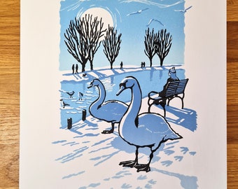 Handmade linocut "Swans White Winter" original print, snow and ice on the river Cam, Cambridge, limited edition Meliprints (A4)