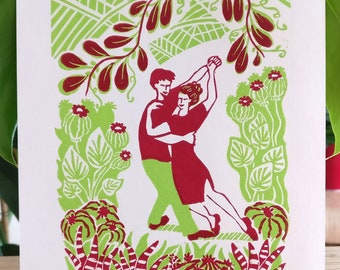 Handmade linocut "Swingin' among the trees" print, limited art edition, jazz dancers in green house garden Meliprints (for 8" x 6" frame)