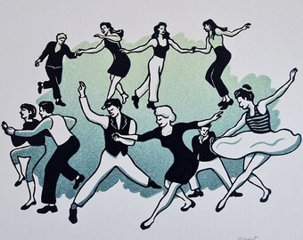 Handmade linocut ‘Swing swing swing’ print, group of dancers lindy hop swing dance, swing out, limited art edition lino Meliprints (A4)