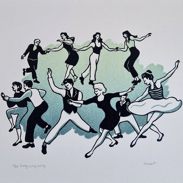 Linogravure faite à la main « Swing swing swing », groupe de danseurs lindy hop swing dance, swing out, lino en édition limitée Meliprints (A4)