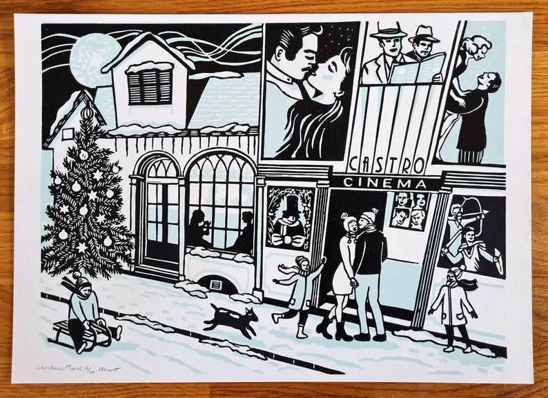 Handmade linocut Christmas Movies' limited edition lino Meliprints A4 image 1