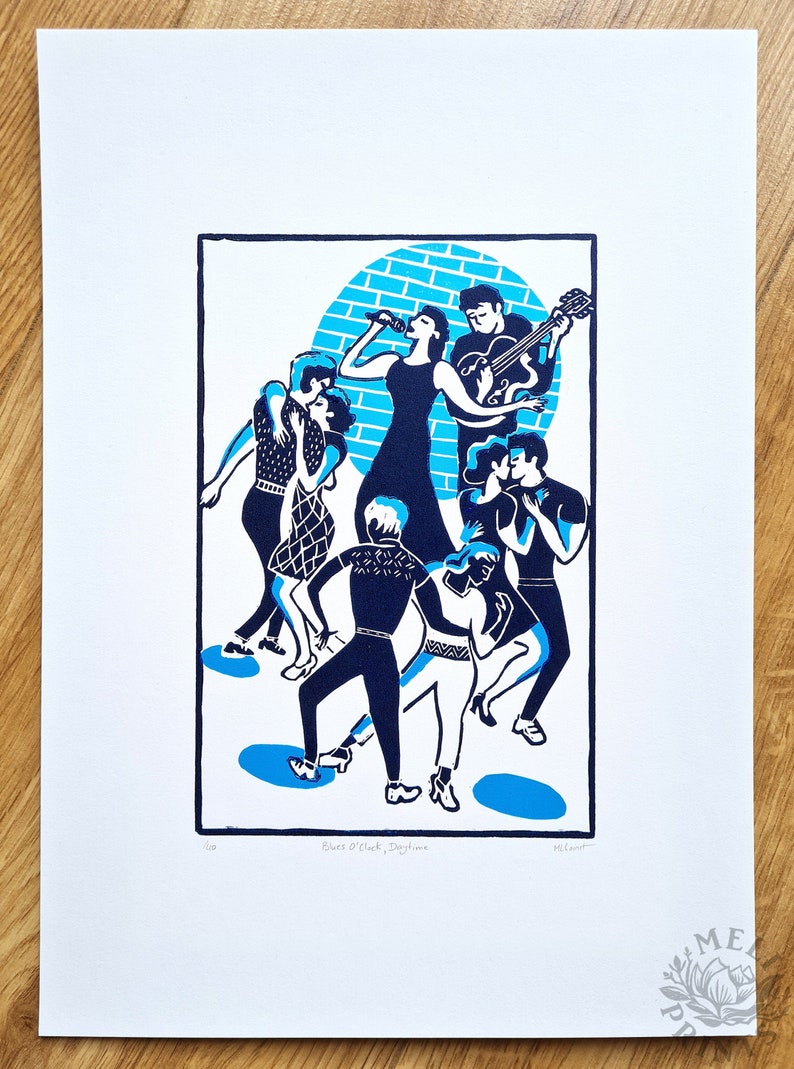 Handmade linocut Blues O'Clock, daytime print, limited art edition, Blues dancers, jazz music lino print Meliprints A4 image 1