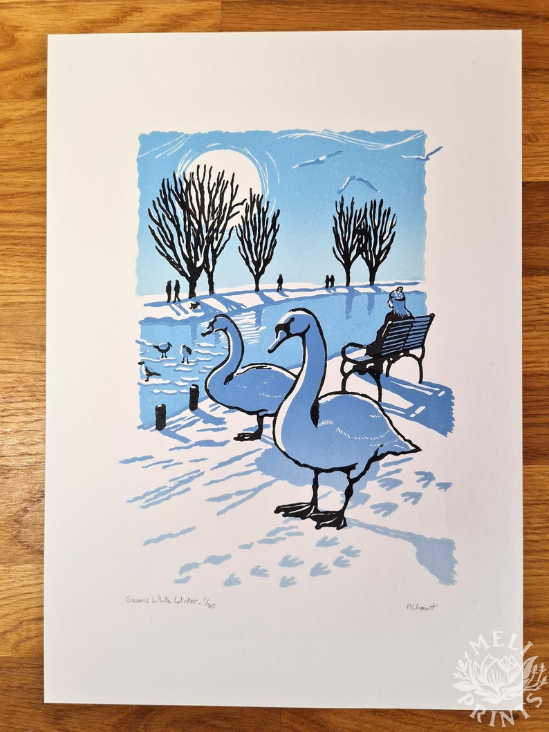 Handmade linocut Swans White Winter original print, snow and ice on the river Cam, Cambridge, limited edition Meliprints A4 image 1