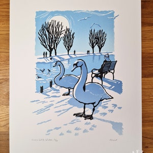 Handmade linocut Swans White Winter original print, snow and ice on the river Cam, Cambridge, limited edition Meliprints A4 image 4