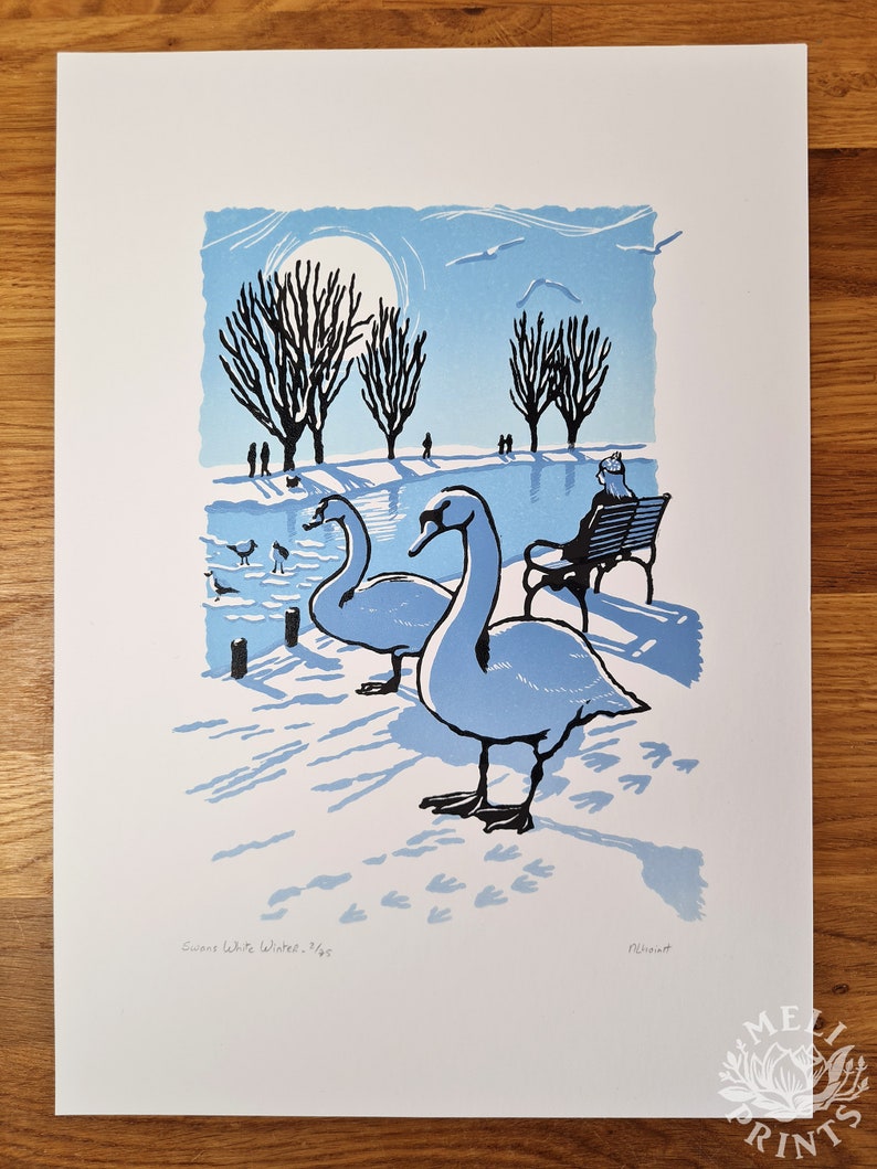 Handmade linocut Swans White Winter original print, snow and ice on the river Cam, Cambridge, limited edition Meliprints A4 image 4