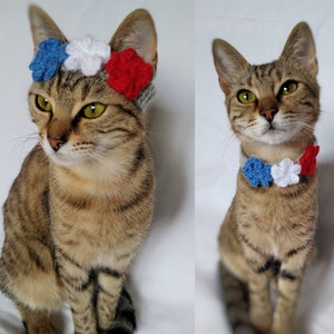 Adjustable Cat flower crown, Cat flower headpiece, 4th of July kitten headband, Blue white and red cat collar, Flower collar for cats