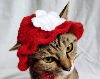 Summer hat for cat, Red brim kitty hat, Flower Hats for cats, Cat accessories, Kitty Outfit, Pet costume, Gift for cat lover