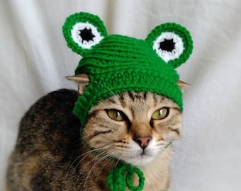 Frog hat for cat, Frog pet costume, Kitten outfit, Cat accessories, Gift for cat lover, Kitty harness, Crochet frog cat hat