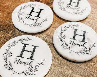Personalized Etched Marble Coaster Wedding Shower Gift Anniversary Gift Monogram Marble Coaster Home Decor High Quality Marble Gift