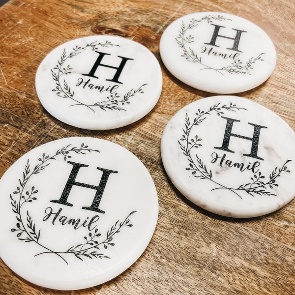 Personalized Etched Marble Coaster Wedding Shower Gift Anniversary Gift Monogram Marble Coaster Home Decor High Quality Marble Gift