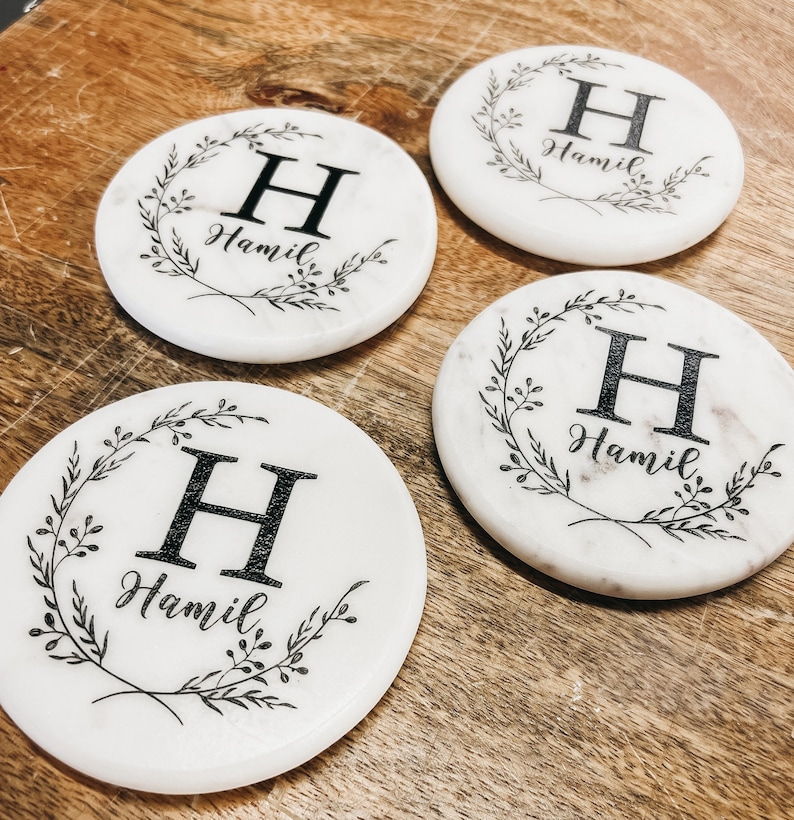 Personalized Etched Marble Coaster Wedding Shower Gift Anniversary Gift Monogram Marble Coaster Home Decor High Quality Marble Gift