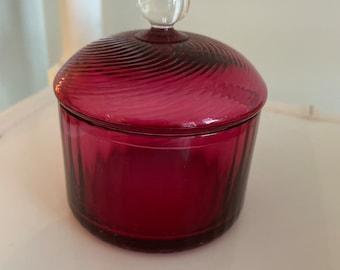 Vintage lidded cranberry glass jar
