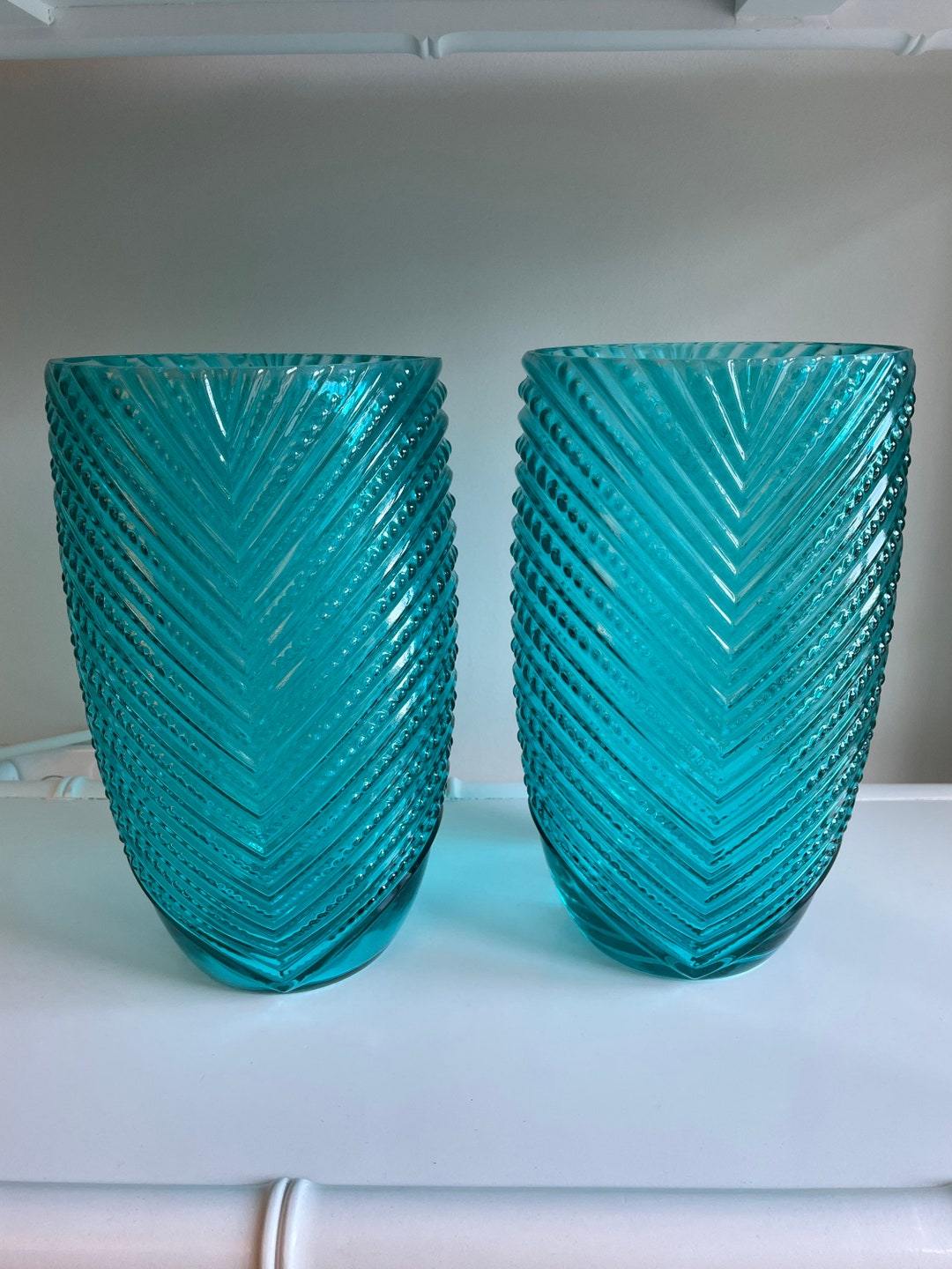 Pair of Large Turquoise Glass Hurricane Vases Etsy
