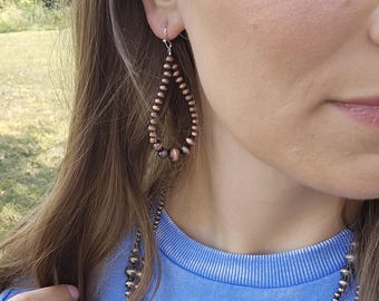 Faux Copper Navajo Pearl Drop Earrings, Western Boho Hoops