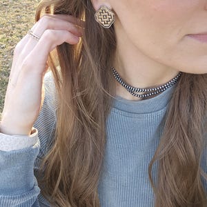 Western Square Faux Silver Aztec Concho Stud Earrings