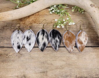Bold Speckled Hair On Leather Earrings  Black White Hair on Cowhide with Bright Serape leather Overlay  Stylish Cowgirl