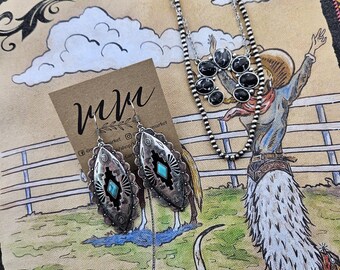 Faux Silver Turquoise Western Dangle Earrings: Boho Southwestern Style