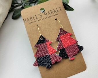 Red Buffalo Plaid Leather Christmas Tree Earrings
