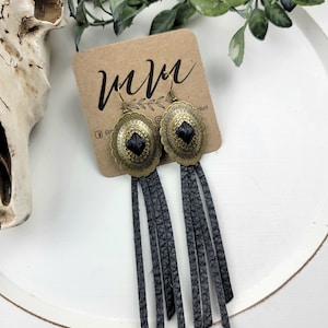 Black Leather Fringe Concho Earrings: Western Boho Style