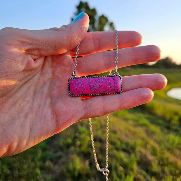 Hot Pink Faux Stone Western Bar Necklace, Western Boutique, NFR, Western Bar Necklace, Pink Necklace Western, Western Necklace, Bar Necklace
