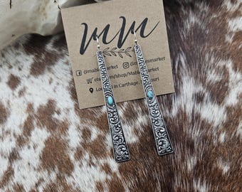 Faux Turquoise Tooled Bar Earrings: Western Silver Hoops